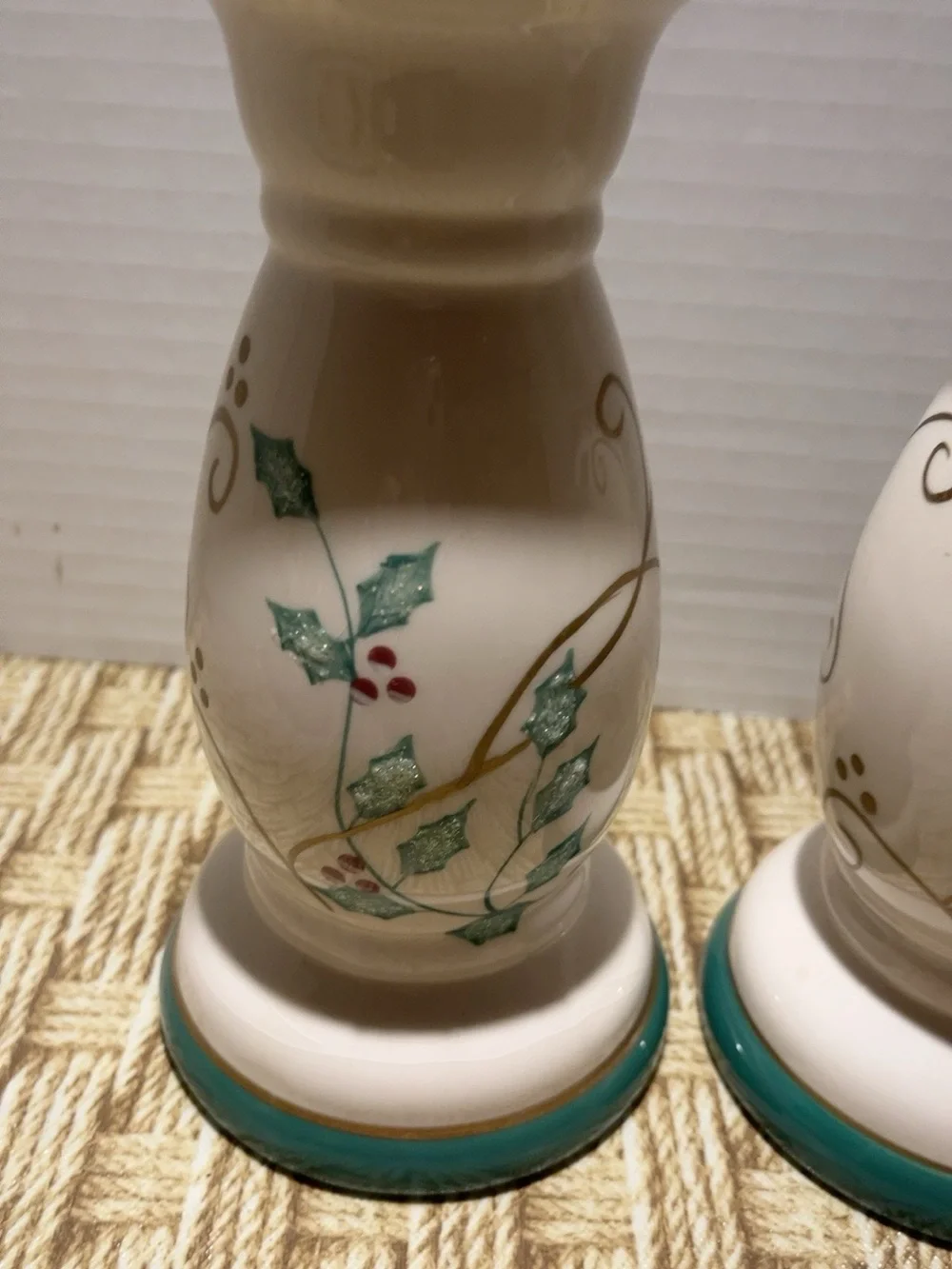 Pair Christmas Holly Ceramic Candlestick Holders 8” Teal Gold Red Berries